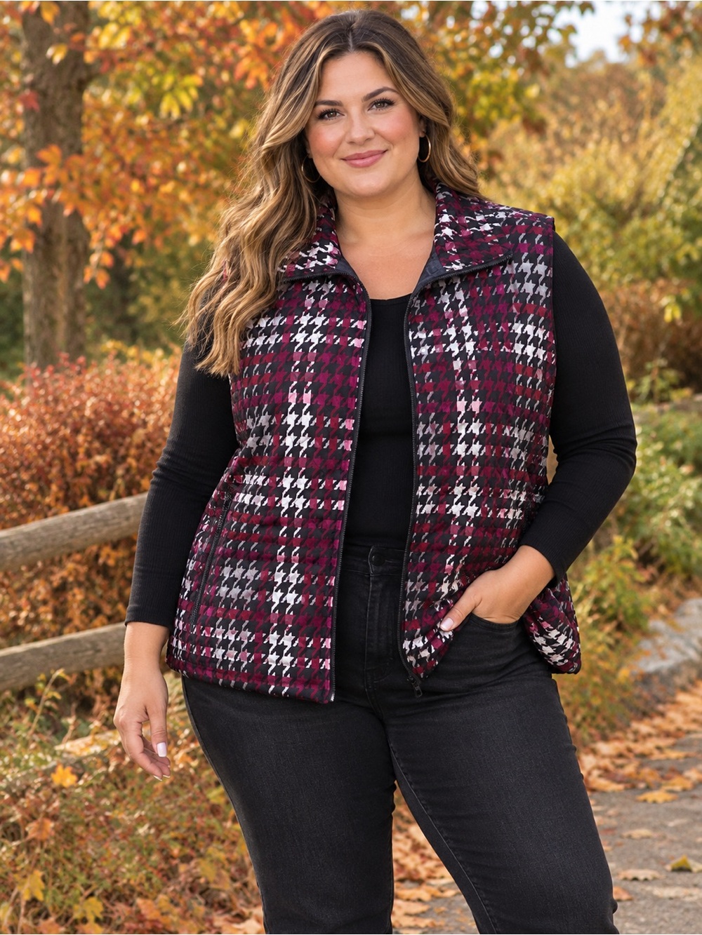 CJ Banks Black White Burgundy Plaid Colorful Quilted Vest
